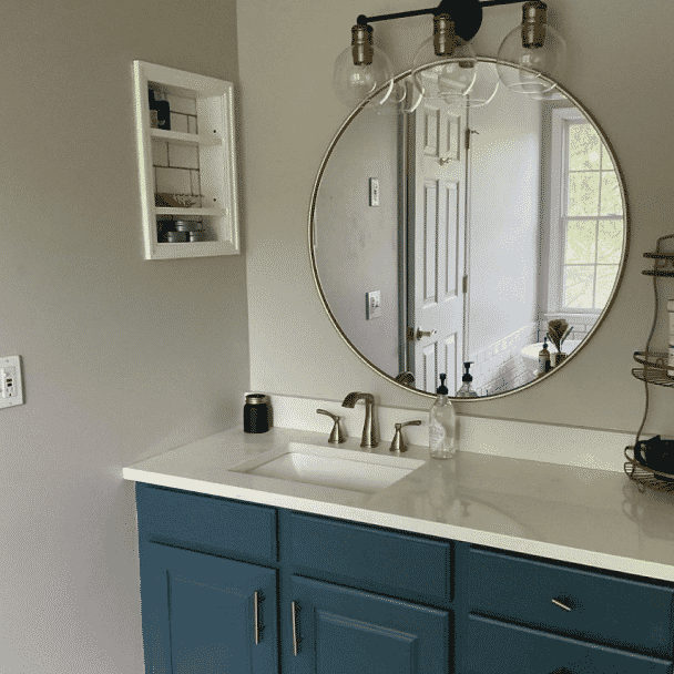 Agreeable gray bathroom wall paint and navy blue vanity replacementin schertz texas