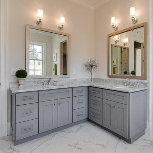 gray bathroom vanity installation bath remodel Pfluegerville, TX by Simplicity Home Pros
